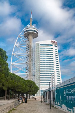 Lisbon, Portugal - December 6, 2022: The Vasco da Gama tower and skyscraper of the Myriad Hotel. clipart