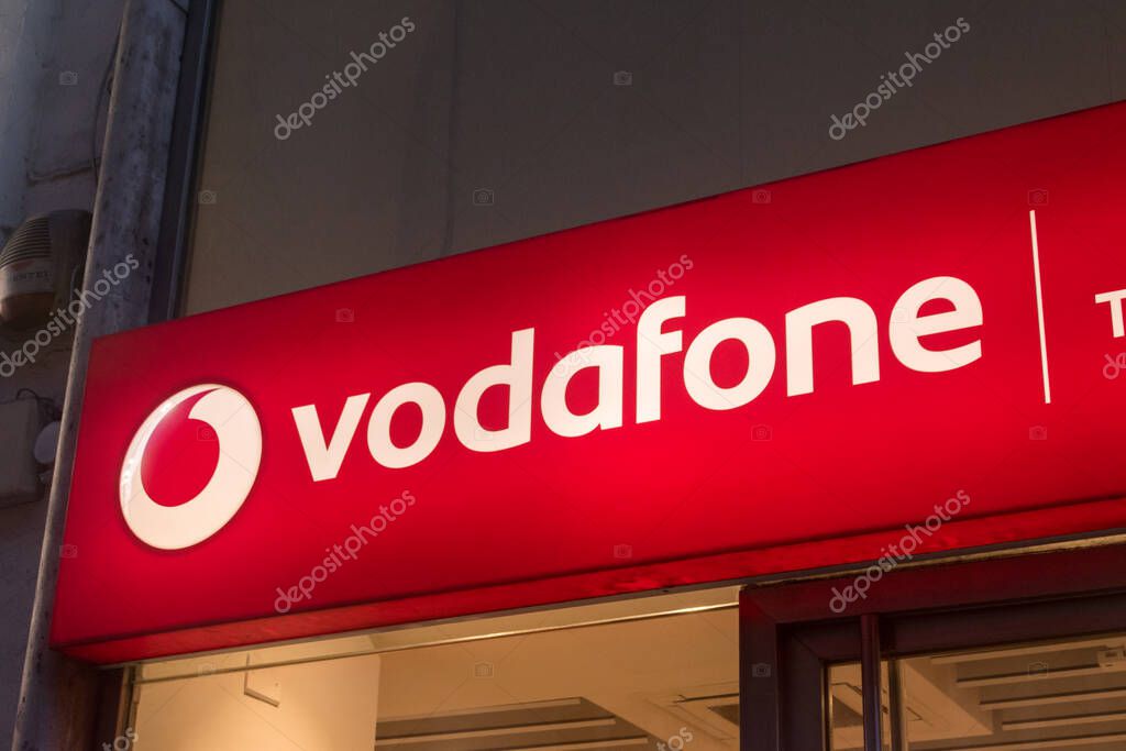 Rome, Italy - December 8, 2022: Logo of British multinational telecommunications company Vodafone.
