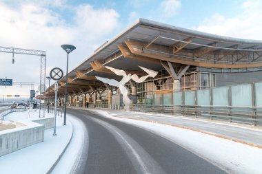 Gardermoen, Norway - December 12, 2022: Terminal of Oslo Gardermoen Airport at winter time. International airport serving for Oslo city.