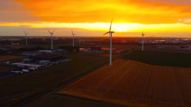 Sluiskil Nederländerna Juli 2023 Flygfoto Grupp Vindkraftverk Vid Solnedgången Vacker — Stockvideo