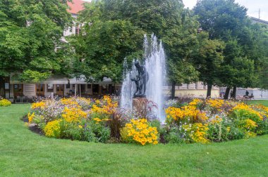 Pilsen, Çek Cumhuriyeti - 26 Ağustos 2023: Anne ve çocuk heykeli ile çeşme.