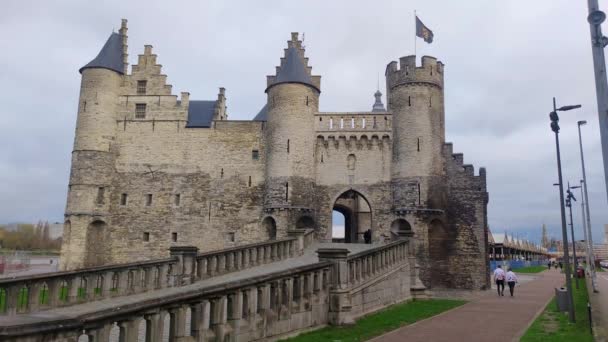 Антверпен Бельгия Февраля 2024 Года Средневековая Крепость Хет Стин — стоковое видео