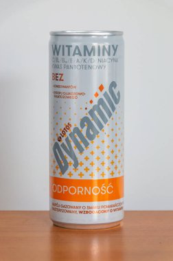 Pruszcz Gdanski, Poland - March 1, 2024: Can of Lotos Dynamic drink with vitamins. clipart
