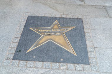 Lodz, Poland - April 14, 2024: Star to the creators of the film Ida on the Lodz Walk of Fame. Ida is first Polish movie to win foreign-language film Oscar. Avenue of stars in Lodz. clipart