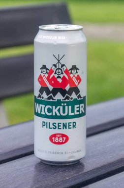 Grimma, Almanya - 18 Mayıs 2024: Wickuler Pilsener birası.