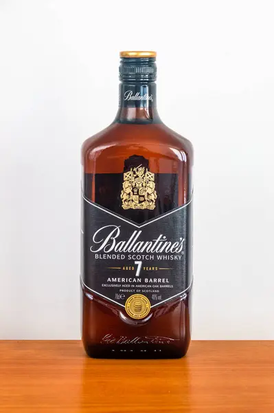 stock image Pruszcz Gdanski, Poland - July 17, 2024: Bottle of Ballantines blended scotch whisky Amercan Barrel.