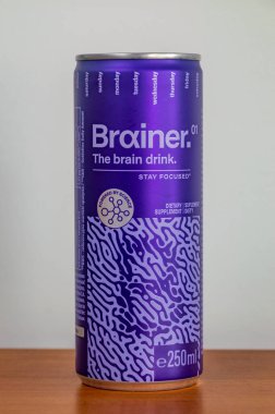 Pruszcz Gdanski, Poland - September 15, 2024: Brainer dietary supplement drink. The brain drink. clipart