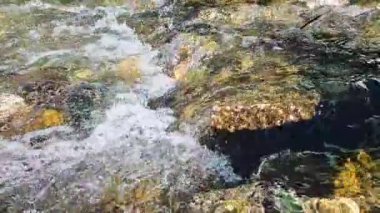 Mountain River 'ın yavaş çekim görüntüsü. Dağ deresi kayaların arasından akıyor. Taşların üzerinde akan su. Rocky dağı nehri.