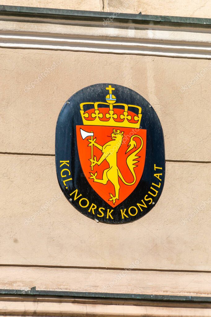 Wroclaw, Poland - April 5, 2025: Emblem of Norwegian Consulate.