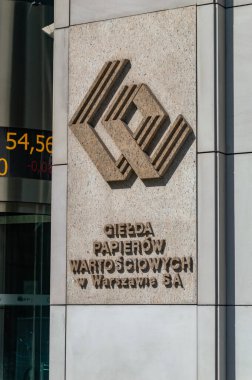 Varşova, Polonya - 12 Nisan 2025: Varşova Borsasının logosu ve imzası.