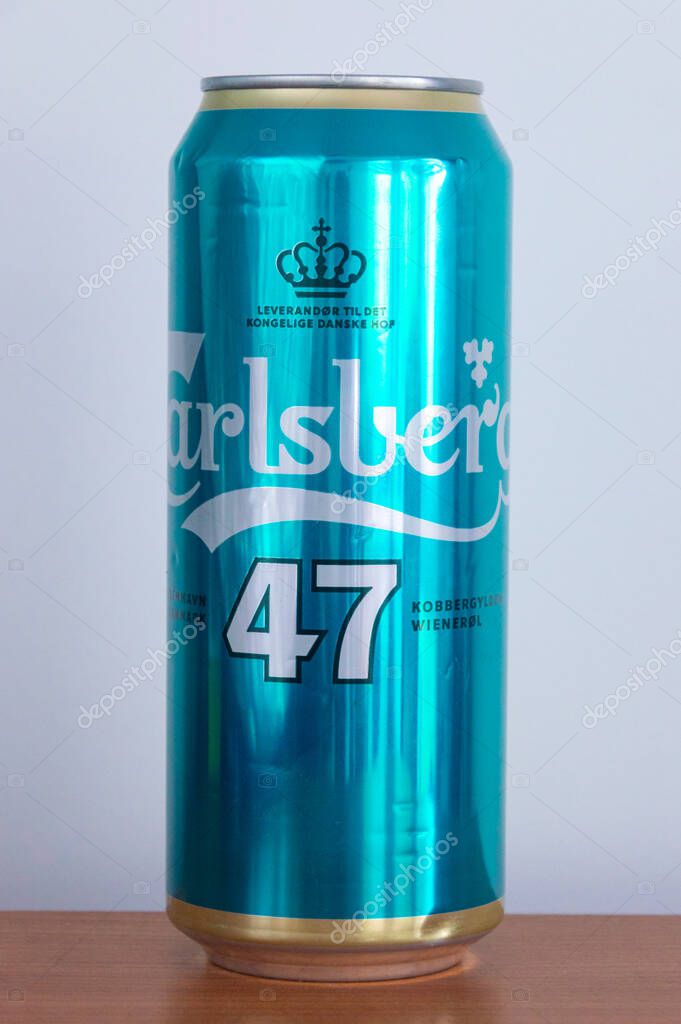 Pruszcz Gdanski, Poland - April 19, 2025: Can of Carlsberg 47 beer.