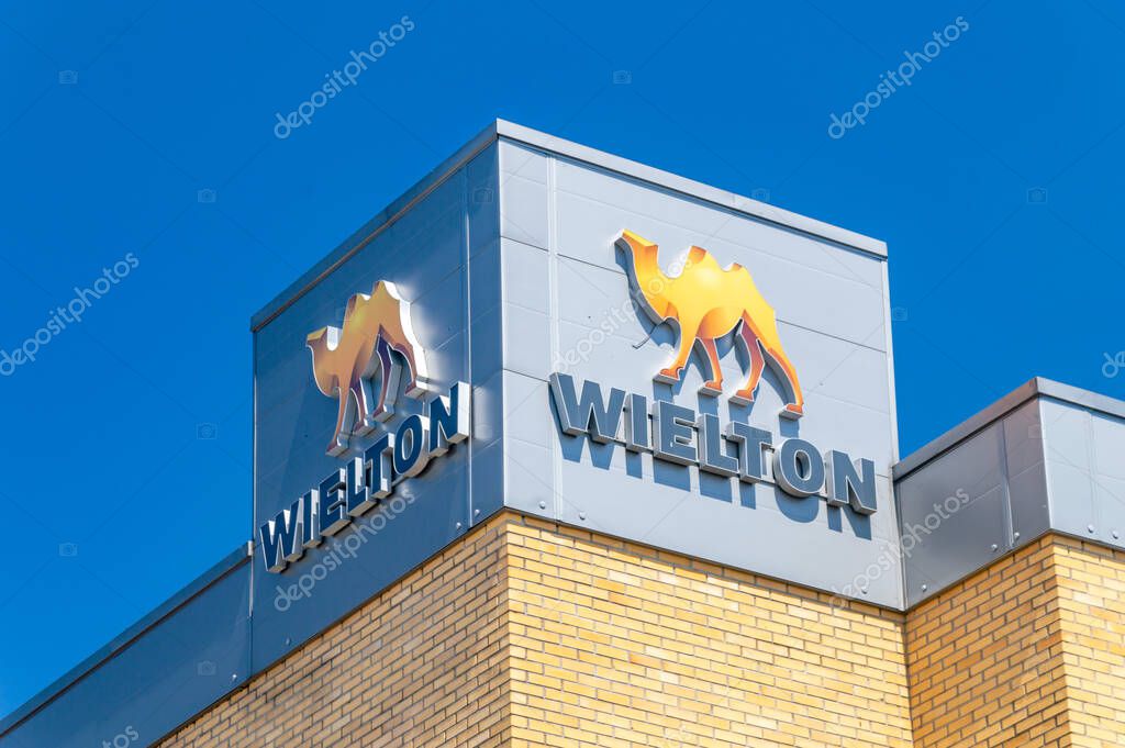 Wielun, Poland - June 15, 2025: Logo of Wielton. Wielton SA is a Polish manufacturer of tippers and tautliners for traction units.