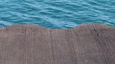 Durgun sakin bir bariyer ya da Michigan Gölü kıyısı boyunca kıvrımlı çelik kenarlı sakin dalgalarla mavi sularda yuvarlanan barışçıl bir bariyer..