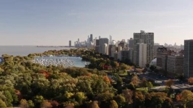 Panning out and down aerial clip overlooking Belmont Harbor surrounded by fall colored foliage and Lakeview highrise buildings with a view of the downtown Chicago skyline on a sunny day.