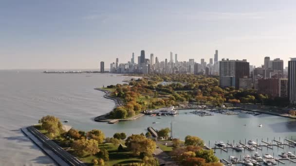 Beautiful Aerial Downtown Chicago Skyline Belmont Harbor Lakeview Two Boats — Stok video