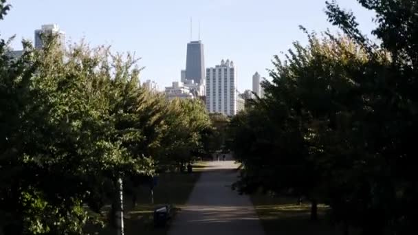 在一个阳光明媚的秋日 在林立的人行横道之间升起了空中景观 向芝加哥市中心的天际线飞去 — 图库视频影像