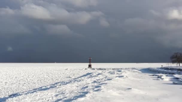 Low Flying Aerial Steel Tower End Pier Snow Ice Covered — 图库视频影像