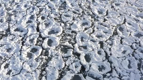 Aerial Close Drone Footage Rounded Ice Chunks Encrusted Snow Floating — 图库视频影像