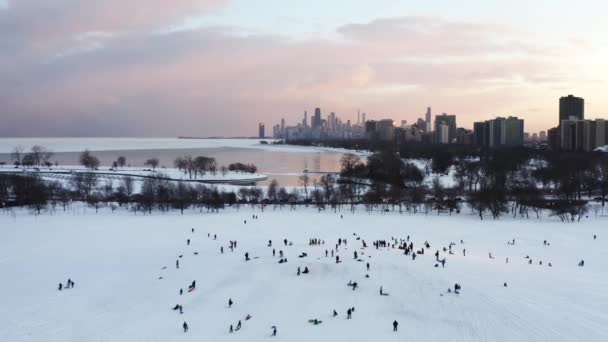 Beautiful Sunset Aerial Drone Footage Kids Families Sledding Snow Covered — Video