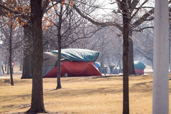 A large orange, green, beige and gray colored homeless tent with tarp and other tents in distance set up amongst trees and dead grass on a sunny day in the winter season in Chicago.