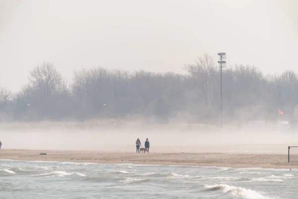 Chicago March 1St 2023 Two People Dog Walk Fog Sand — Stock Photo, Image