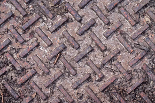 Nahaufnahme Eines Alten Vintage Stahl Kanaldeckels Mit Extrem Verwitterten Rostigen — Stockfoto