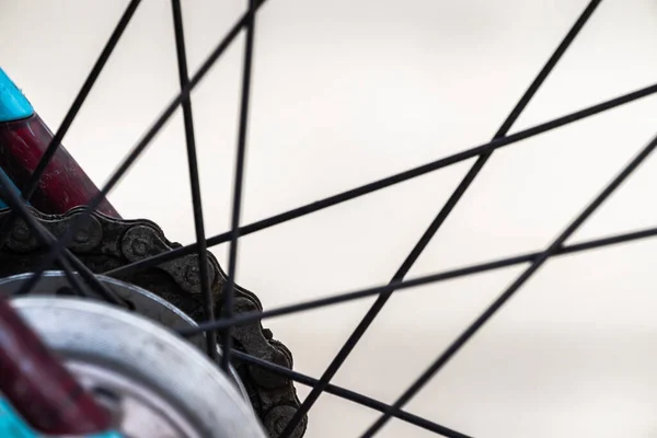 Close Sports Recreational Photograph Metal Bicycle Wheel Spokes Bike Chain — Stock Photo, Image