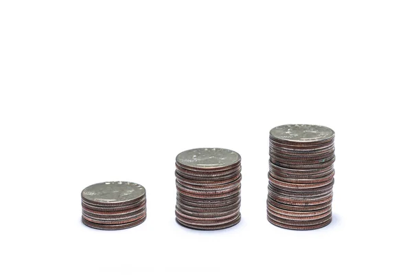 Three Growing Stacks Quarters Each Pile Coins Getting Taller Savings — Stock Photo, Image