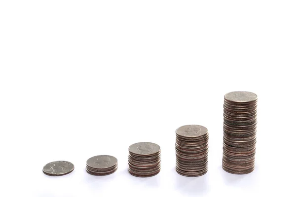 Five Piles Stacked Quarters Each Pile Coins Getting Exponentially Taller — Stock Photo, Image
