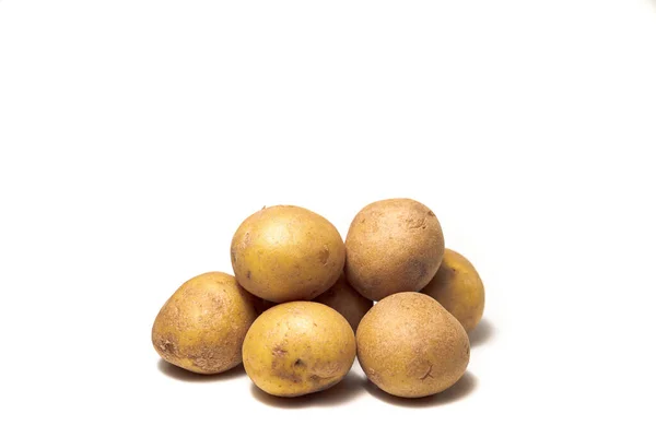 Photograph Pile Fresh Yellow Brown Russet Potatoes White Background Copy — Stock Photo, Image