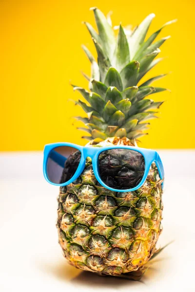 Funny Humorous Photograph Ripe Whole Tropical Pineapple Fruit Wearing Blue — Stock Photo, Image