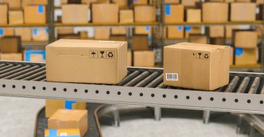Paket teslimatı, ambalaj servisi ve paketler ulaşım sistemi konsepti, ambarda karton kutular.