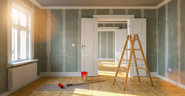 stock image Room in renovation in elegant apartment for relocation with paint bucket and  Flattened drywall walls