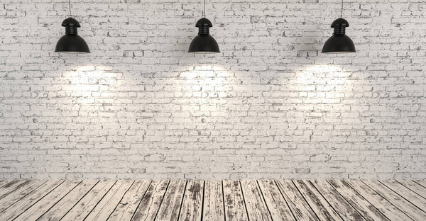 кирпичная бетонная комната с пятью потолочными лампами, копирайт для Вашего индивидуального текста.