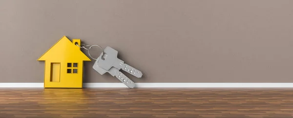 Panorama Klíčů Žlutým Domem Opřeným Zeď Jako Koncept Hypotečního Financování — Stock fotografie
