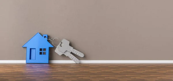 Panorama Van Sleutels Met Blauw Huis Leunend Muur Als Hypotheek — Stockfoto