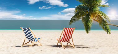 Yazın güneş ışığında kumsalda bir çift plaj sandalyesi. bireysel metniniz için kopyalama alanı.