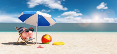 Kumsalda kumsalda güneş gözlüğü ve şemsiyeli bir kumsal sandalyesi. 