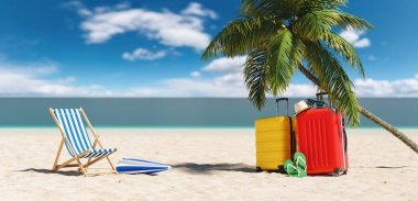 Karayipler 'de yaz tatili sırasında plajda bir palmiye ağacının altında terlik, güneş gözlüğü ve bavullu boş plaj sandalyeleri.