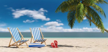 Karayipler 'de bir yaz tatili sırasında plajda palmiye ağacının yanında sandaletleri olan boş plaj sandalyeleri.