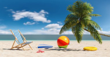 Kumsal sandalyesi boş, plaj topu sandaletleri terlikli plaj şemsiyesi plajda bir palmiye ağacının altında Karayipler 'de yaz tatili boyunca.