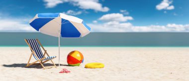 Plaj topu sandaletleri, plaj şemsiyesi ve Karayipler 'de yaz tatili boyunca plaj topuyla dolu boş bir iskemle.