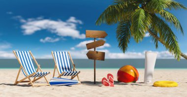 Terlikli sandaletleri, plaj şemsiyesi, güneş kremi ve levhası olan boş şezlonglar. Karayipler 'de yaz tatili sırasında sahilde bir palmiye ağacının yanında.