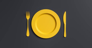 Çatal ve bıçaklı boş bir plaka modeli, üst manzara. Çatal bıçak dizaynlı seramik bulaşık takımını temizle. Öğle yemeği için boş sarı masa takımı ya da kafede akşam yemeği. bireysel metniniz için kopyalama alanı.