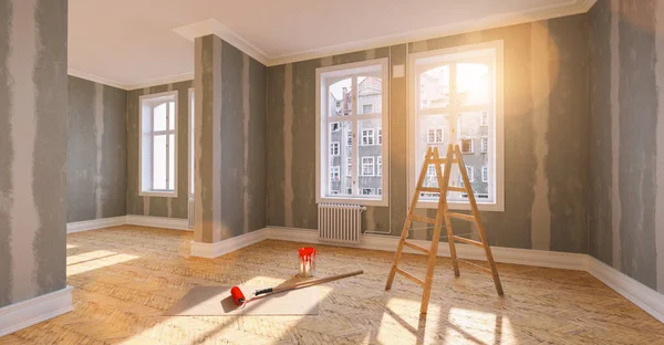 stock image Ladder and bucket of paint in old building apartment during renovation after moving and Flattened drywall walls