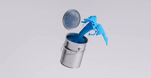 Verf Kan Spatten Blauw Heldere Kleur Renovatie Concept Beeld — Stockfoto