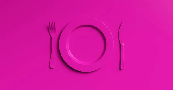 フォークとナイフで空の紫色のプレートのモックアップ トップビュー セットのカトラリーデザインでクリアセラミック食器 カフェでランチやディナーのための空の紫色のテーブルウェア 個々のテキストのコピースペースは — ストック写真