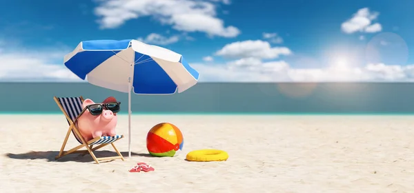 Sparschwein Sonnenbrille Strandkorb Strand Mit Sonnenschirm Urlaub Der Wirtschaft — Stockfoto