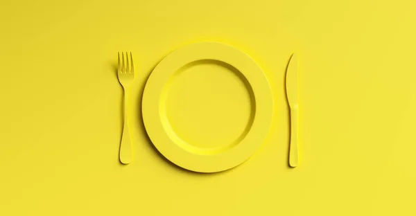 Порожній Жовтий Макет Виделкою Ножем Вид Зверху Очистити Керамічний Посуд — стокове фото