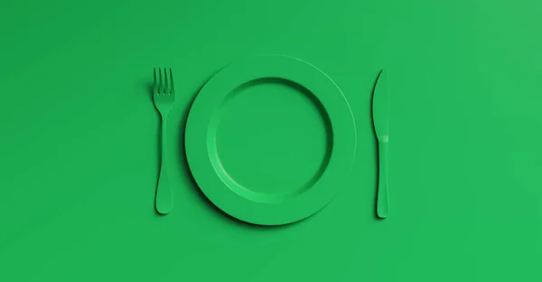 フォークとナイフ トップビューとブランク緑のプレートのモックアップ セットのカトラリーデザインでクリアセラミック食器 カフェでランチやディナーのための空の緑のテーブルウェア 個々のテキストのコピースペースは — ストック写真